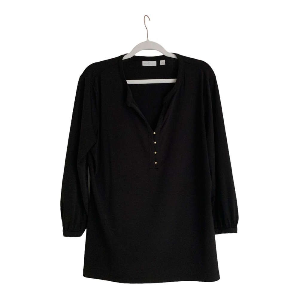 NY & Co. Shirt Womens Large BLACK 3/4 Length Sleeves Gold  Button Accents